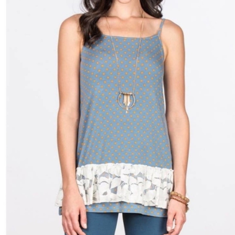 Matilda Jane Women’s Blue Orange Polka Dot Lace Trim Tunic Top Medium
